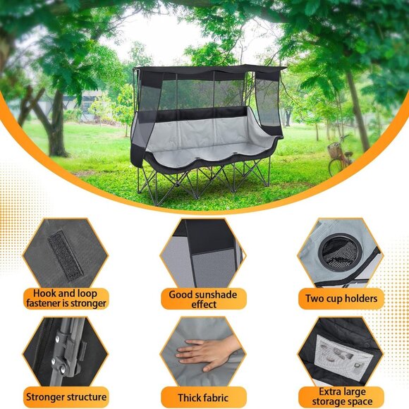 3 Person Camping Chair with Canopy Shade Fully Padded Folding Camping Beach Lawn - Picture 2 of 6